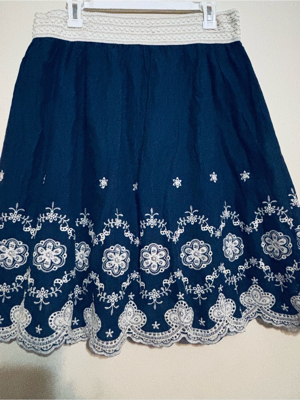 Metro Wear Navy Blue Skirt with White Embroidered Hem